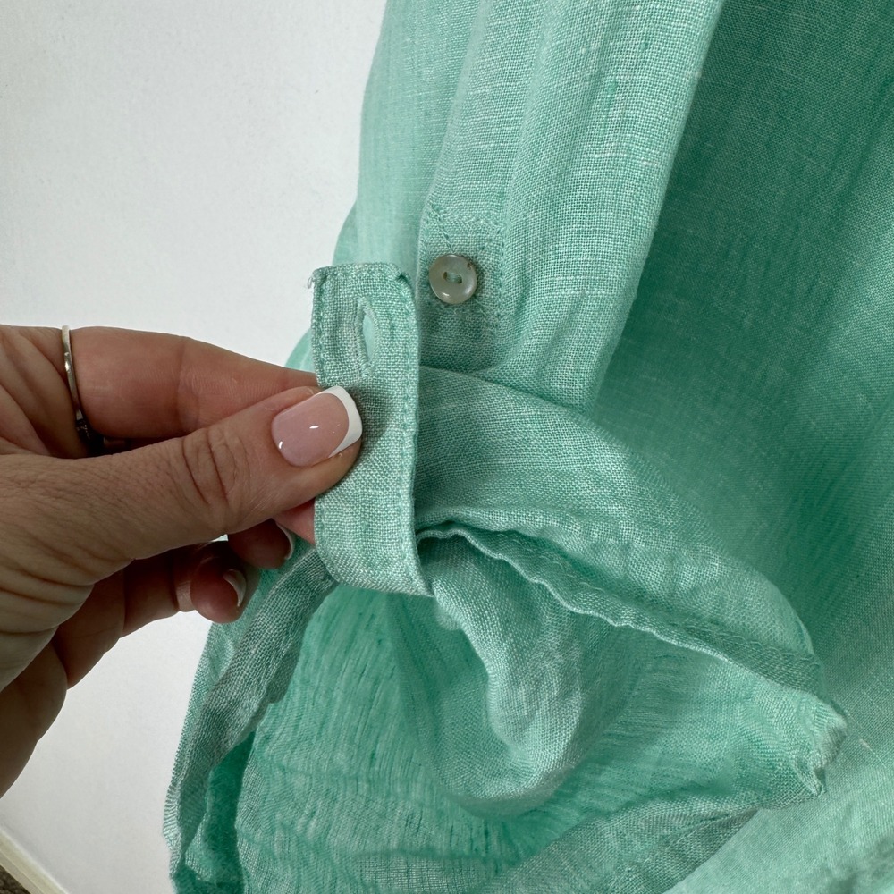 Tahari Womens 3X Mint Green 100% Linen Button Down Roll Tab Sleeve Blouse Top - Picture 4 of 7